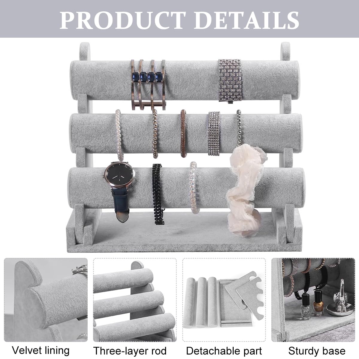 MAYCREATE Bracelet Holder Organizer 3-Tier Jewelry Display Stand for Watch Bangle Bracelet - Detachable Velvet Desk Bracelets Storage Showcase Rack, Grey MAYCREATE Bracelet Holder Organizer 3-Tier Jewelry Display Stand for Watch Bangle Bracelet - Detachable Velvet Desk Bracelets Storage Showcase Rack, Grey